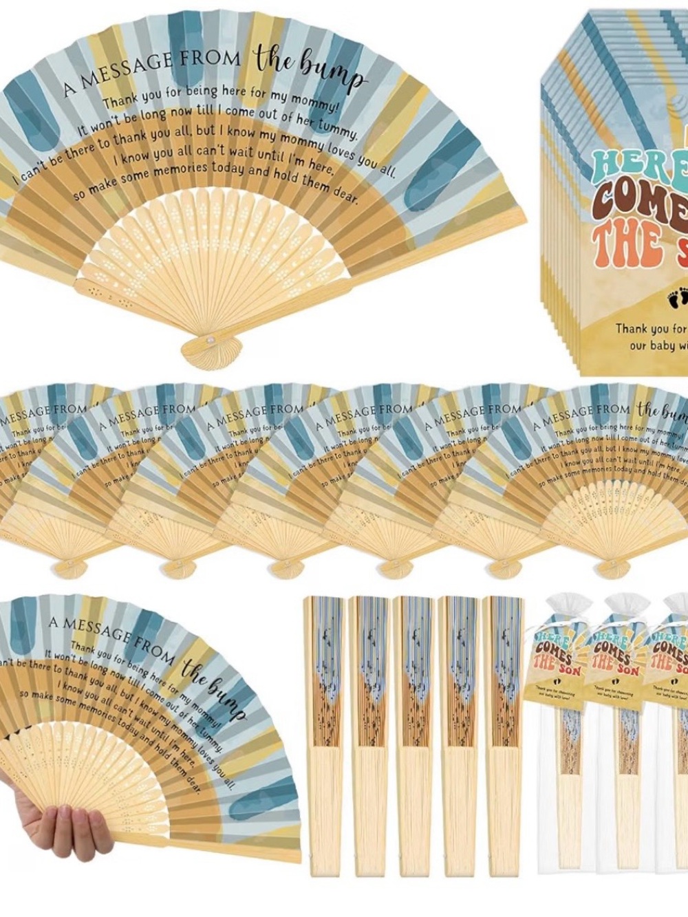 Gender Reveal Baby Shower Hand Fans - Blue & Beige Party Favor